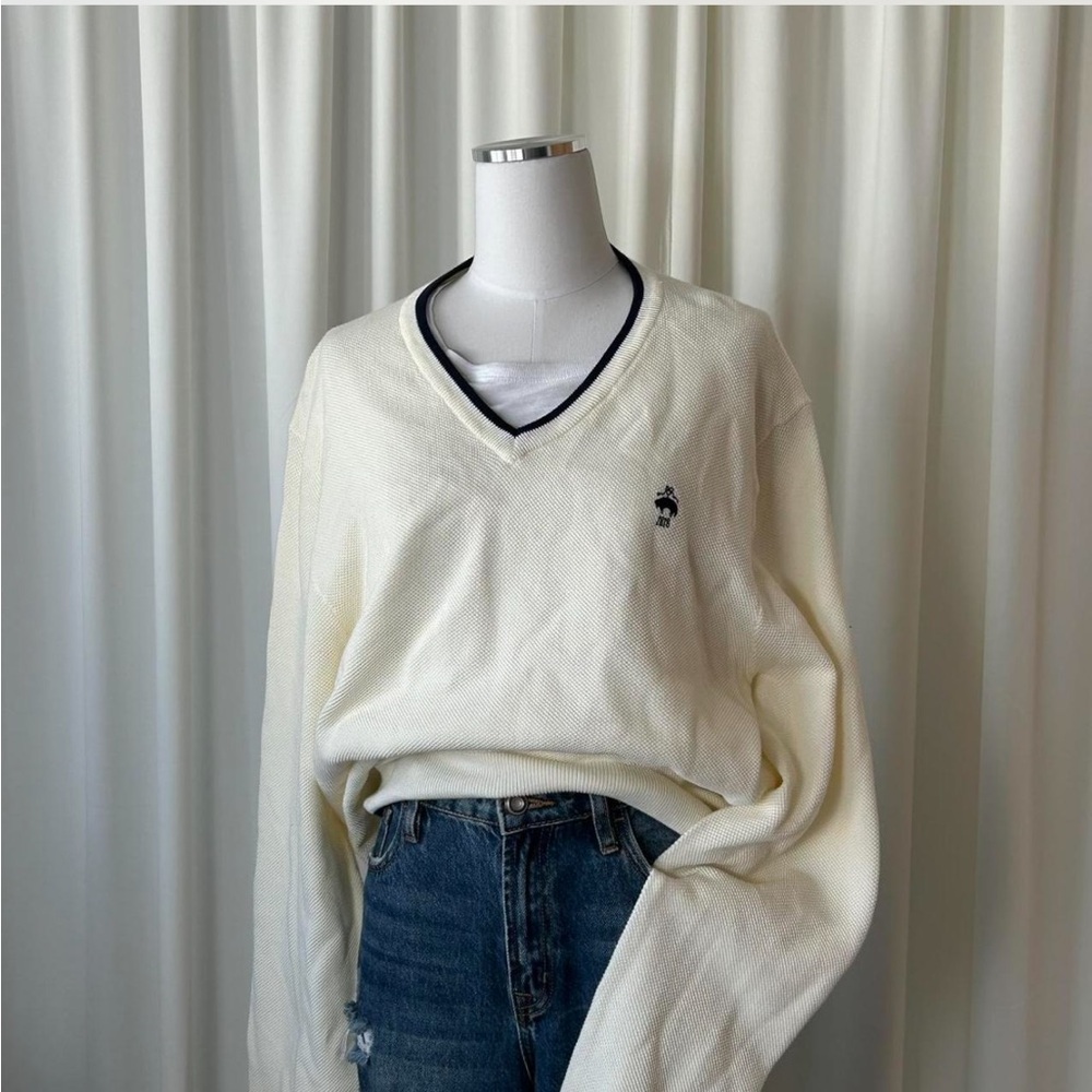 NWT Brooks Brothers Supima Cotton V-Neck Sweater Cream Black Trim XXL.